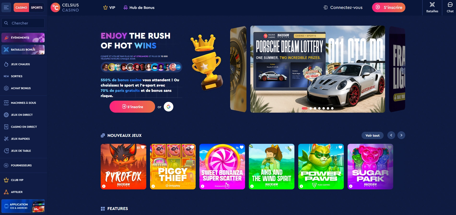 Aperçu compact des principales sections de Celsius Casino